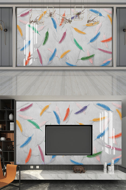 北欧抽象羽毛背景墙-众图网