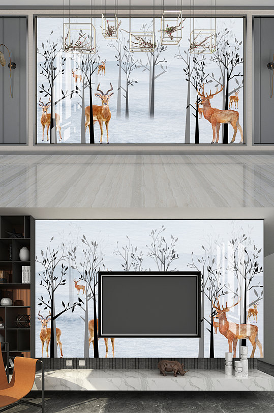 北欧麋鹿电视背景墙-众图网
