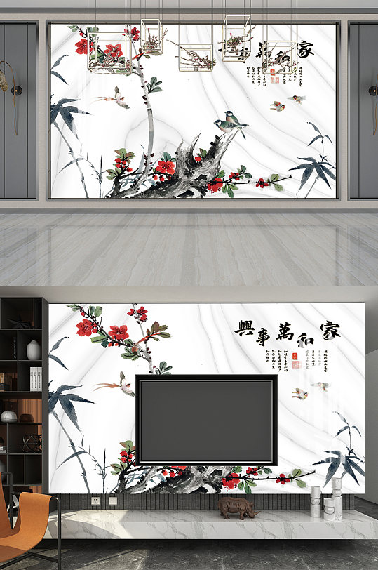 大理石花鸟背景墙-众图网