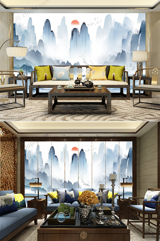 中式山水电视背景墙-众图网