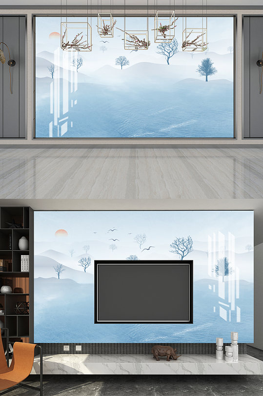 中式意境山水电视背景墙-众图网