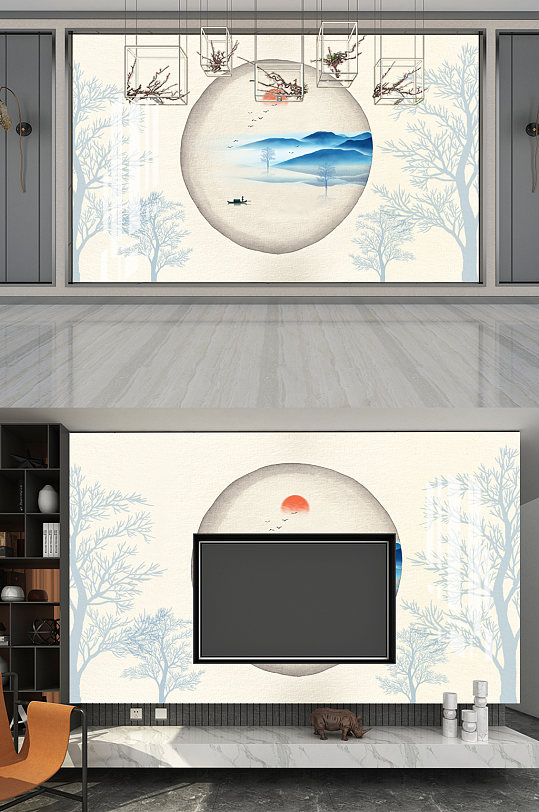 中式意境山水背景墙-众图网