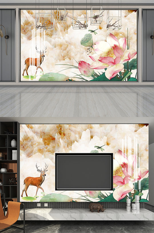 大理石纹理荷花背景墙-众图网