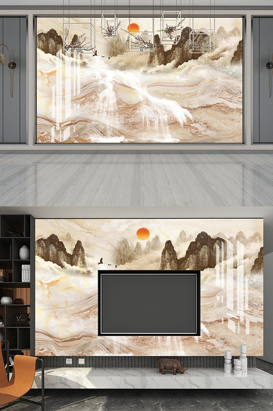 大理石纹理山水电视背景墙-众图网