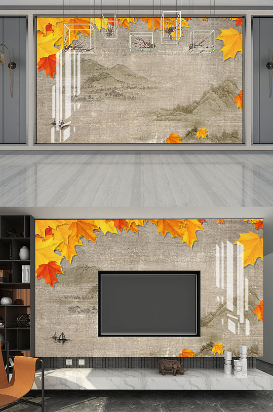 中式布纹山水背景墙-众图网