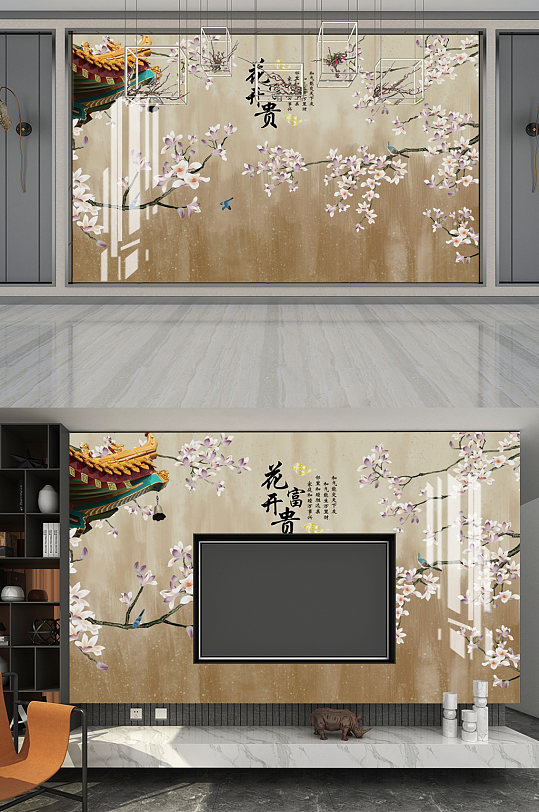 中式工笔花鸟电视背景墙-众图网