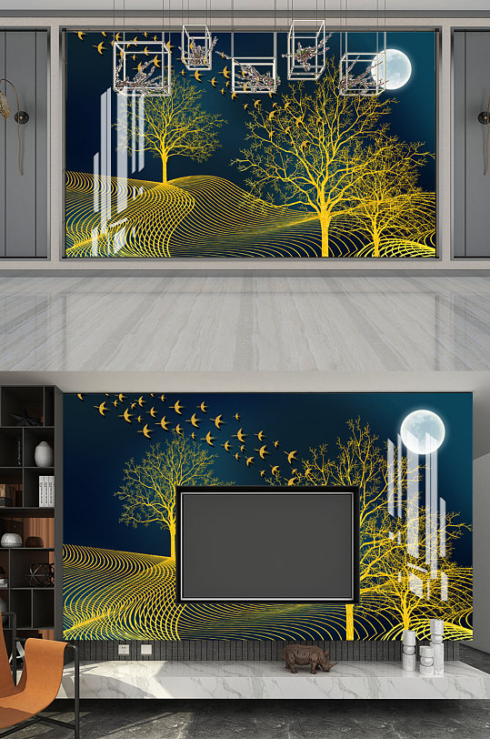 新中式发财树金色电视背景墙-众图网