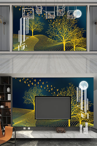 新中式发财树金色电视背景墙