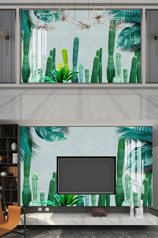 北欧现代简约绿色植物电视背景墙