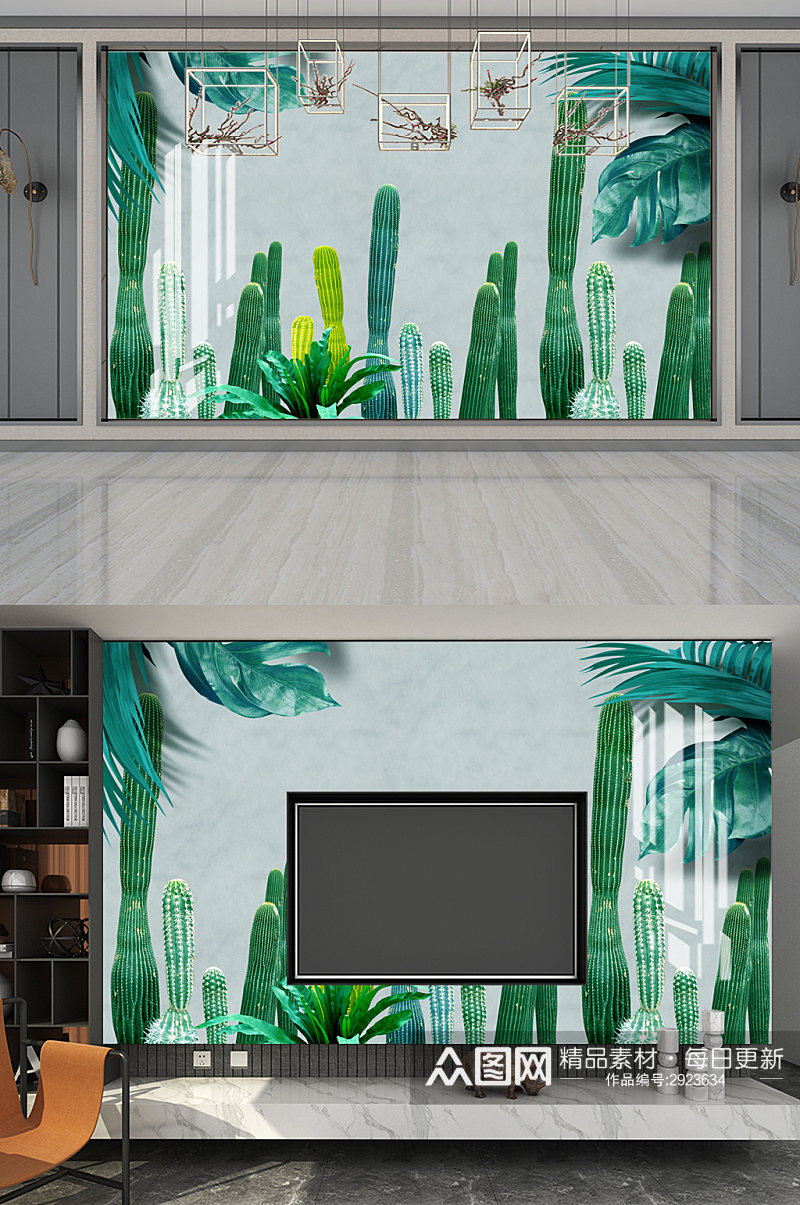 北欧现代简约绿色植物电视背景墙素材