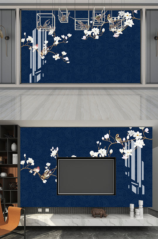 新中式工笔花鸟电视背景墙-众图网