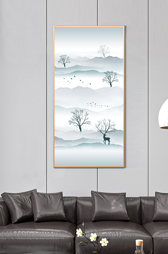 新中式意境水墨山水玄关背景墙-众图网