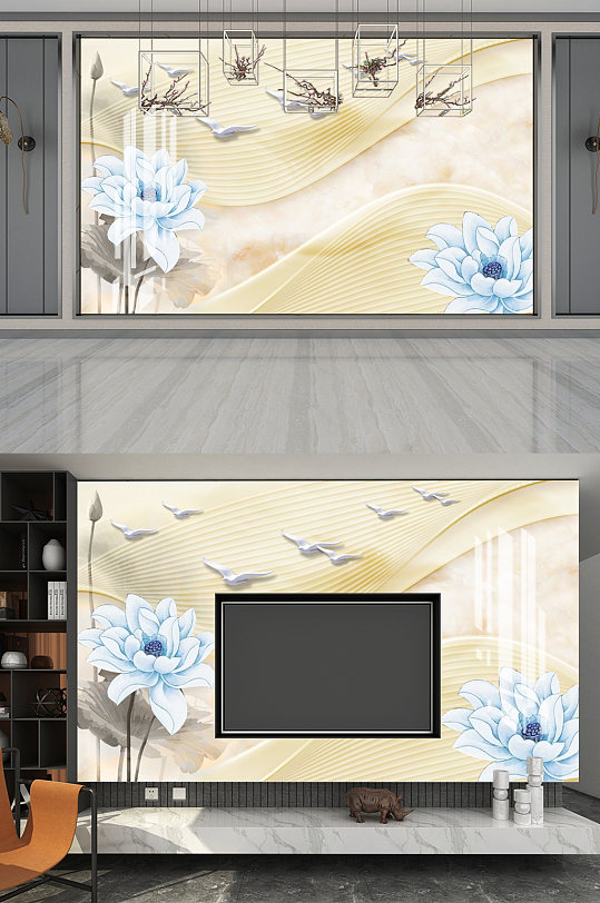 大理石纹理飞鸟荷花电视背景墙-众图网