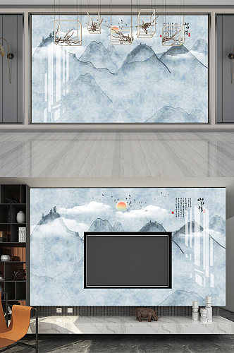 新中式意境山水电视背景墙