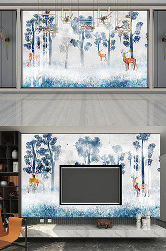 现代简约手绘森林麋鹿背景墙
