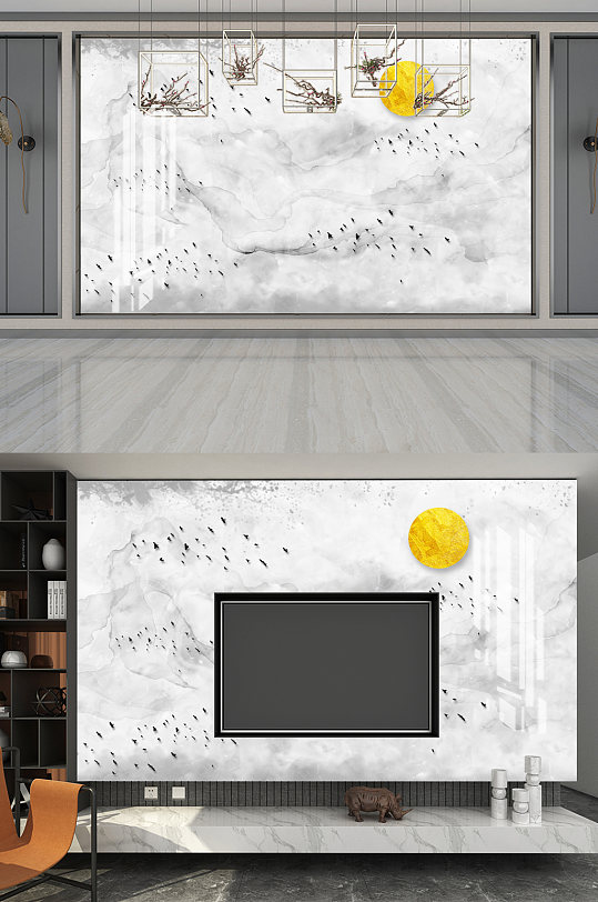 抽象大理石纹理飞鸟电视背景墙-众图网