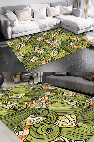 手绘绿色花纹图案地毯