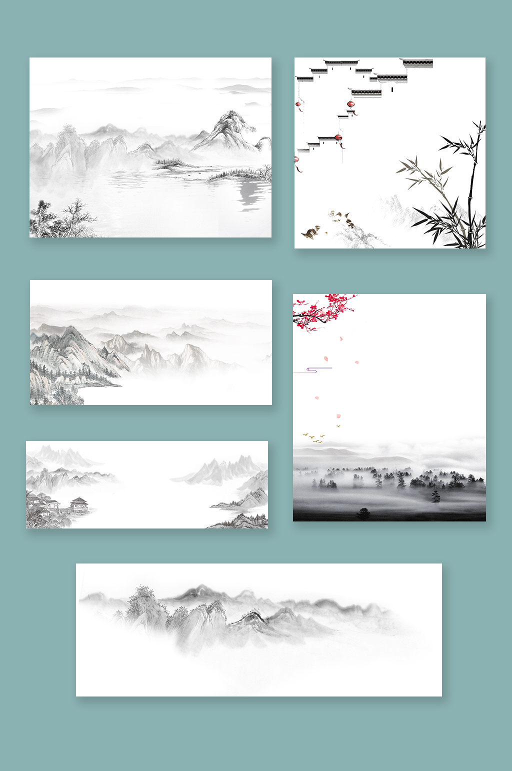 中国风背景水墨山水画建筑免扣图片素材