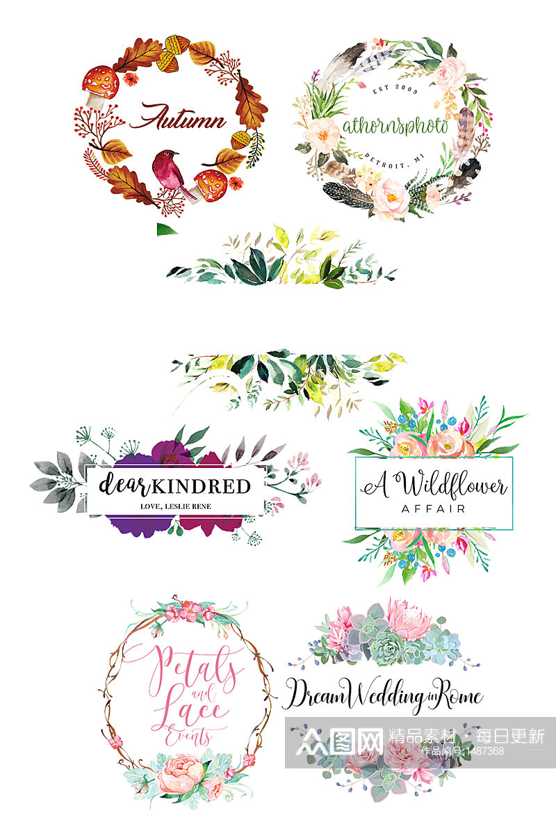 婚礼主题手绘花朵与英文排版素材素材
