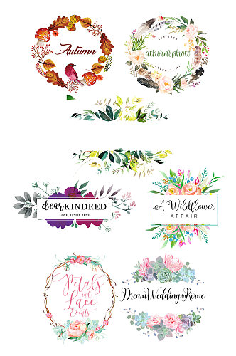 婚礼主题手绘花朵与英文排版素材