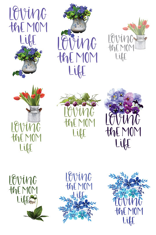 蓝紫色鲜花植物花瓶开放英文字母组合