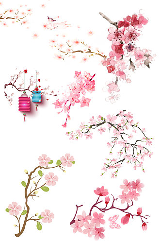 蓝粉色灯笼中国风桃花手绘卡通花朵