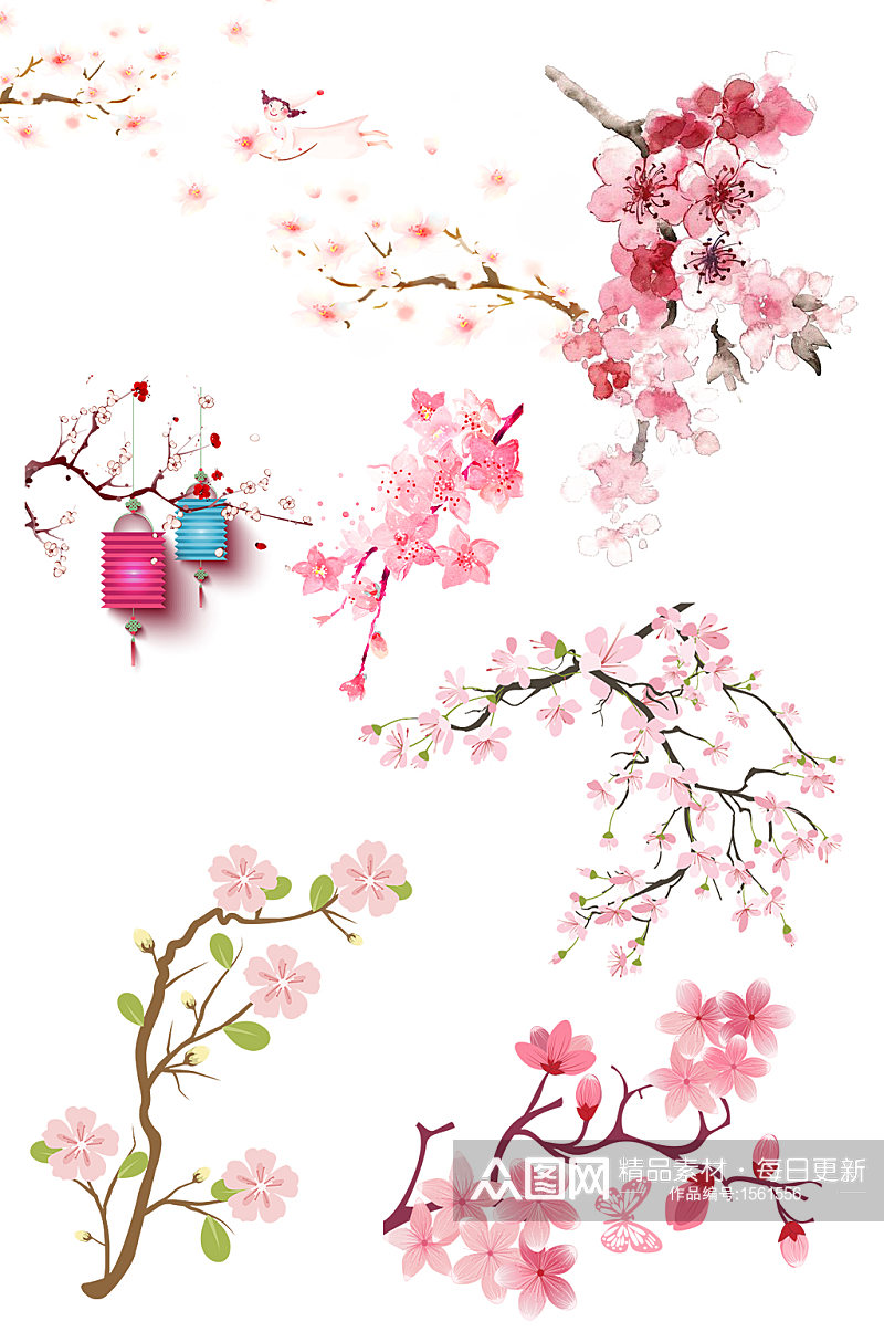 蓝粉色灯笼中国风桃花手绘卡通花朵素材
