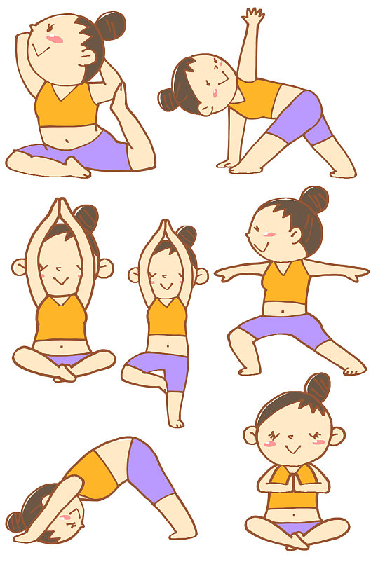 黄色上衣紫色裤子卡通手绘人物瑜伽运动动作