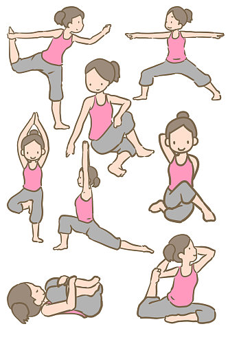 卡通粉色上衣灰色裤子女人做瑜伽健身