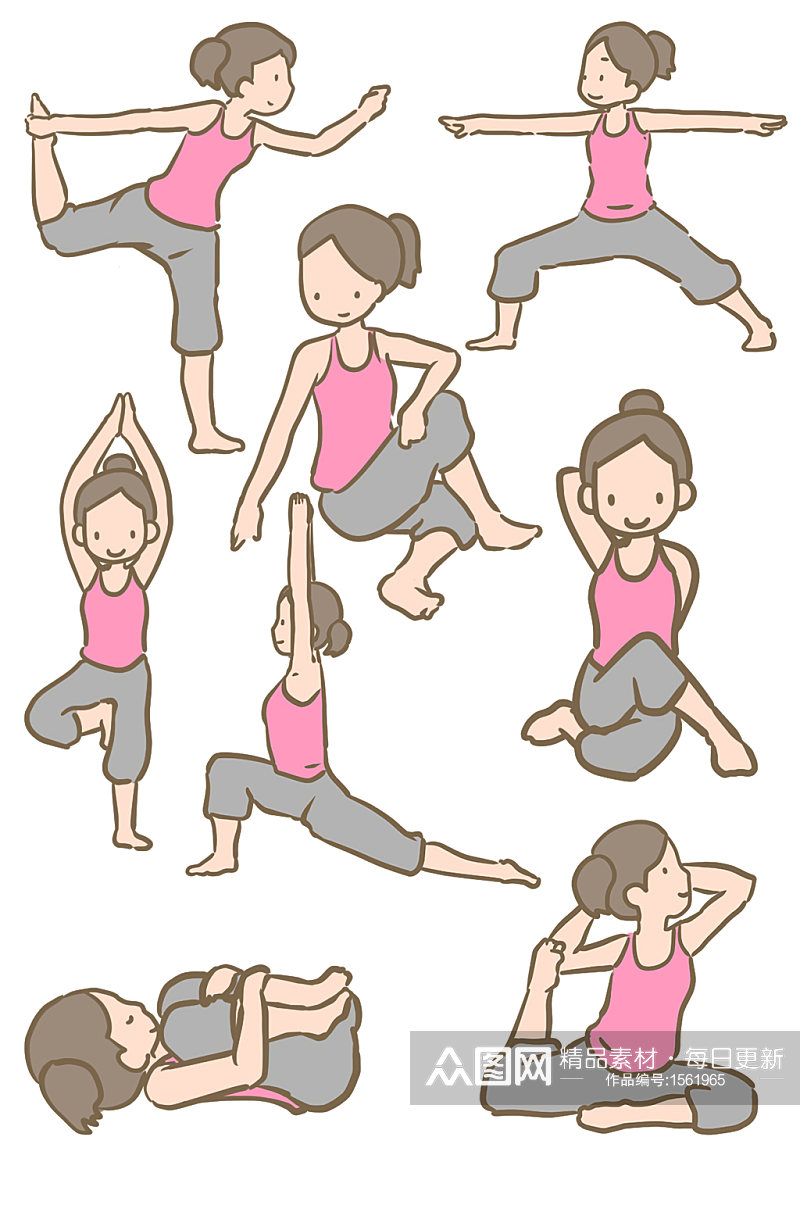 卡通粉色上衣灰色裤子女人做瑜伽健身素材