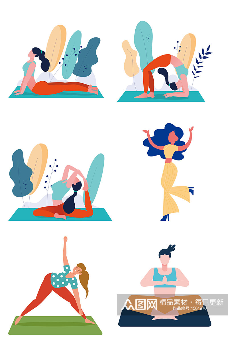 手绘卡通植物瑜伽女人运动动作素材