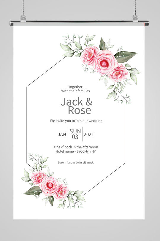 清新手绘蔷薇玫瑰花朵婚礼桌卡签到邀请函
