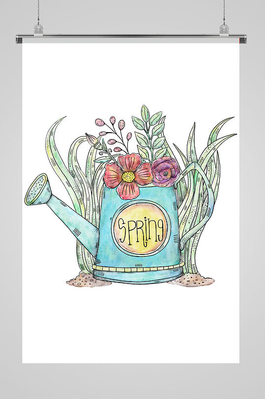 喷壶彩色手绘卡通水彩浇水植物花朵
