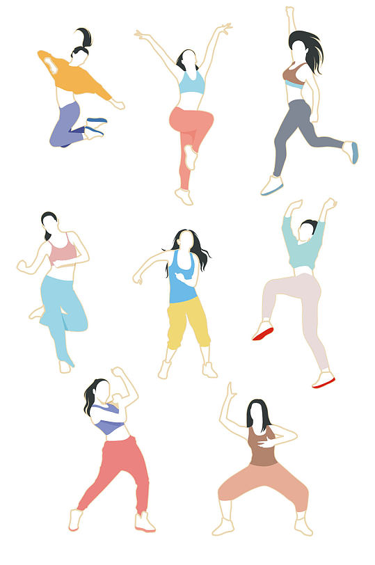 女人跳舞运动欢呼雀跃动作健身手绘插画