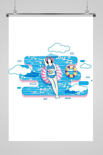 美女泳装游泳圈泳池夏天度假海报