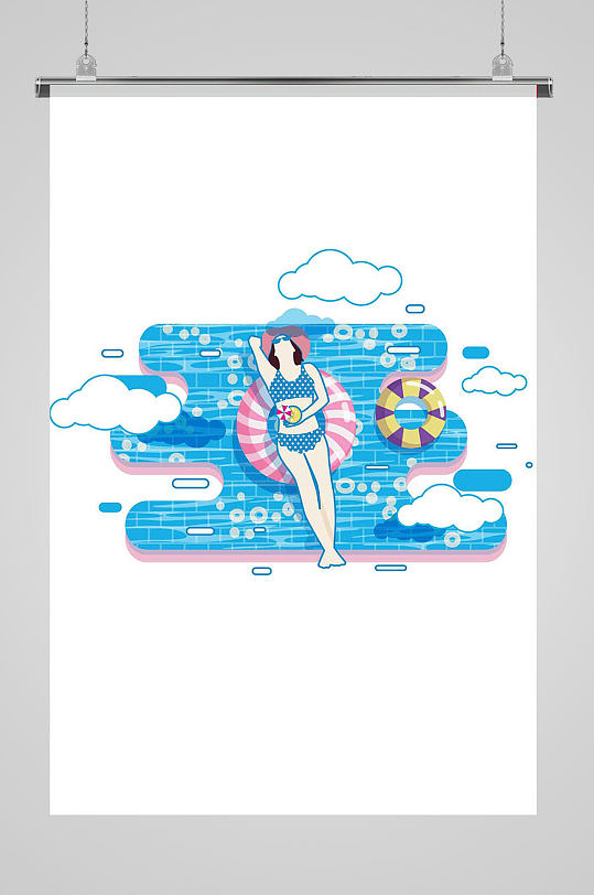 美女泳装游泳圈泳池夏天度假海报