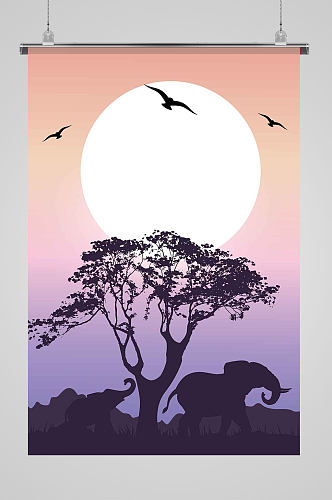树林森林大象野生动物保护月光剪影公益插画