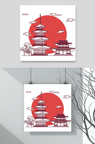 中国古代建筑木质结构太阳红色背景