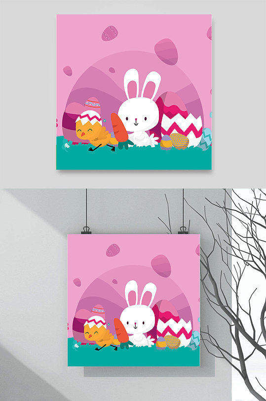 彩色鸡蛋兔子复活节胡萝卜小鸡草地卡通插画