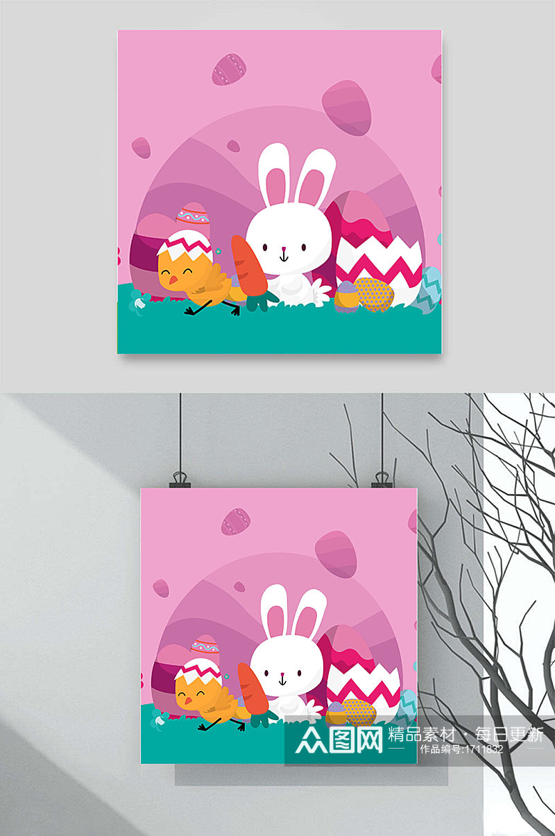 彩色鸡蛋兔子复活节胡萝卜小鸡草地卡通插画素材