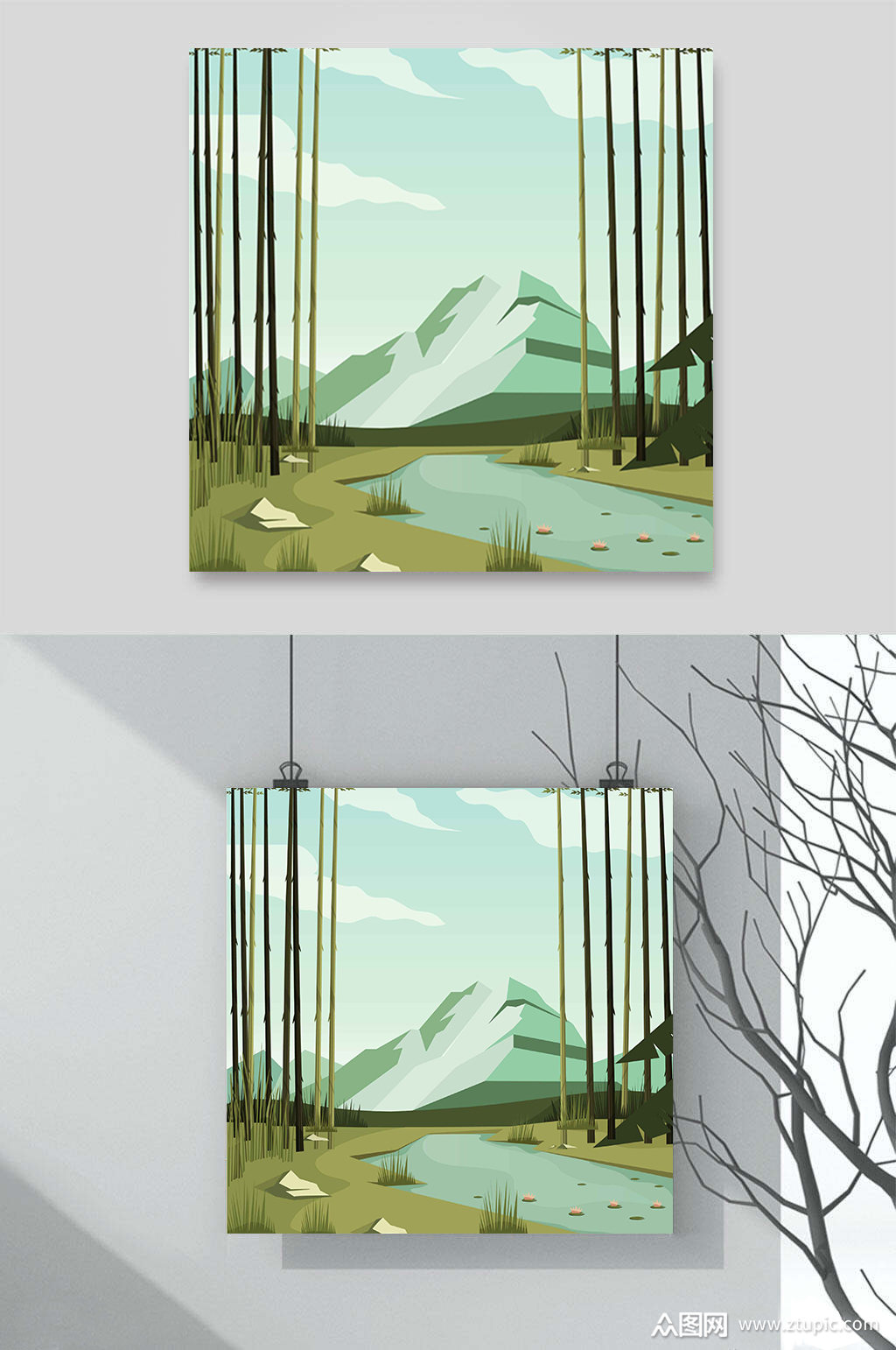 田野沼泽风景竹林深林小溪湖水手绘插画