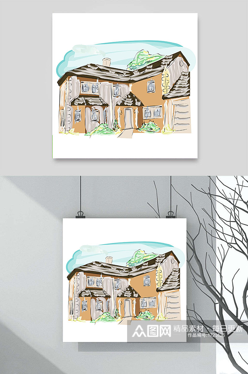 别墅房屋房子二层小楼建筑设计装潢草图手绘素材