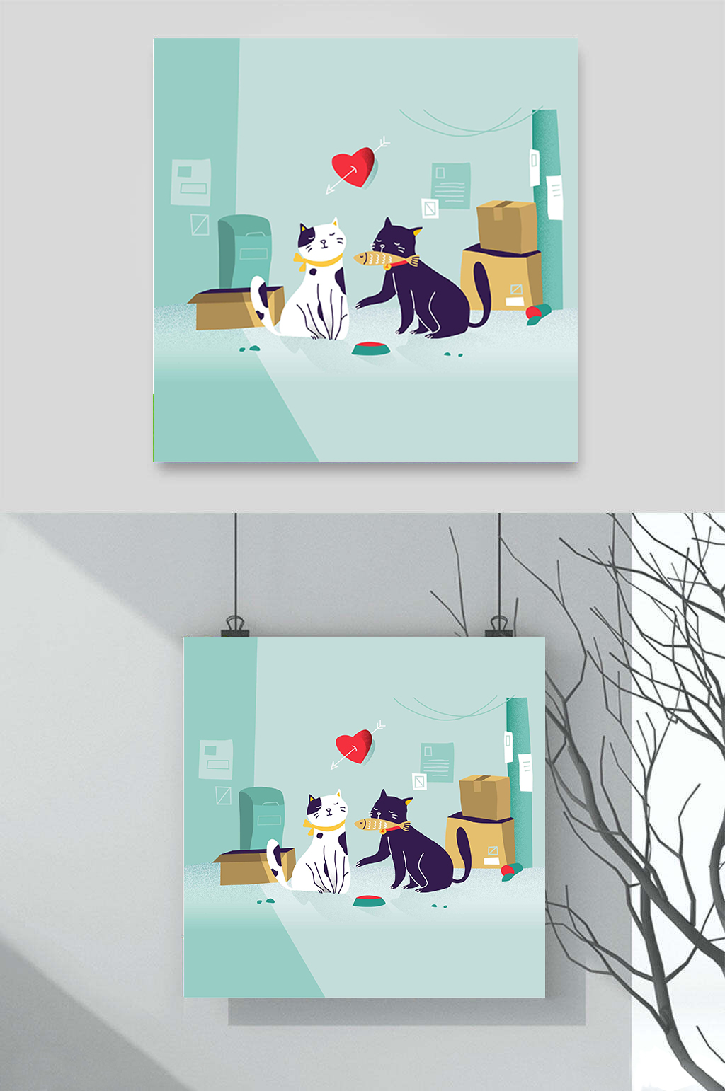 黑猫白猫宠物爱情小鱼干爱情情侣插画素材