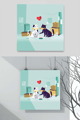 黑猫白猫宠物爱情小鱼干爱情情侣插画