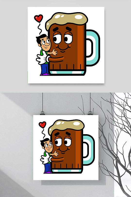 拥抱啤酒杯子任务卡通手绘树木插画