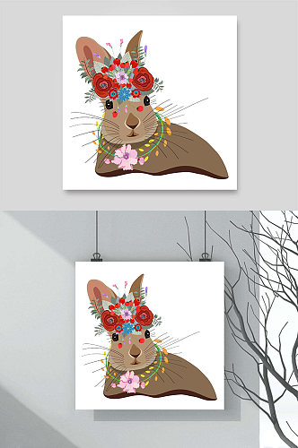 棕色兔子可爱花环皇冠项链康乃馨手绘