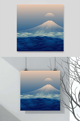 日式意境禅意富士山火山大海日出日落插画
