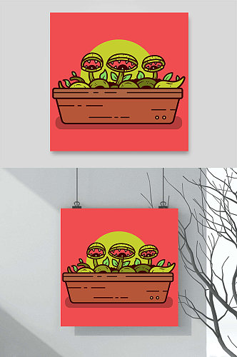 红色植物大战僵尸食人花植物花盆卡通插画