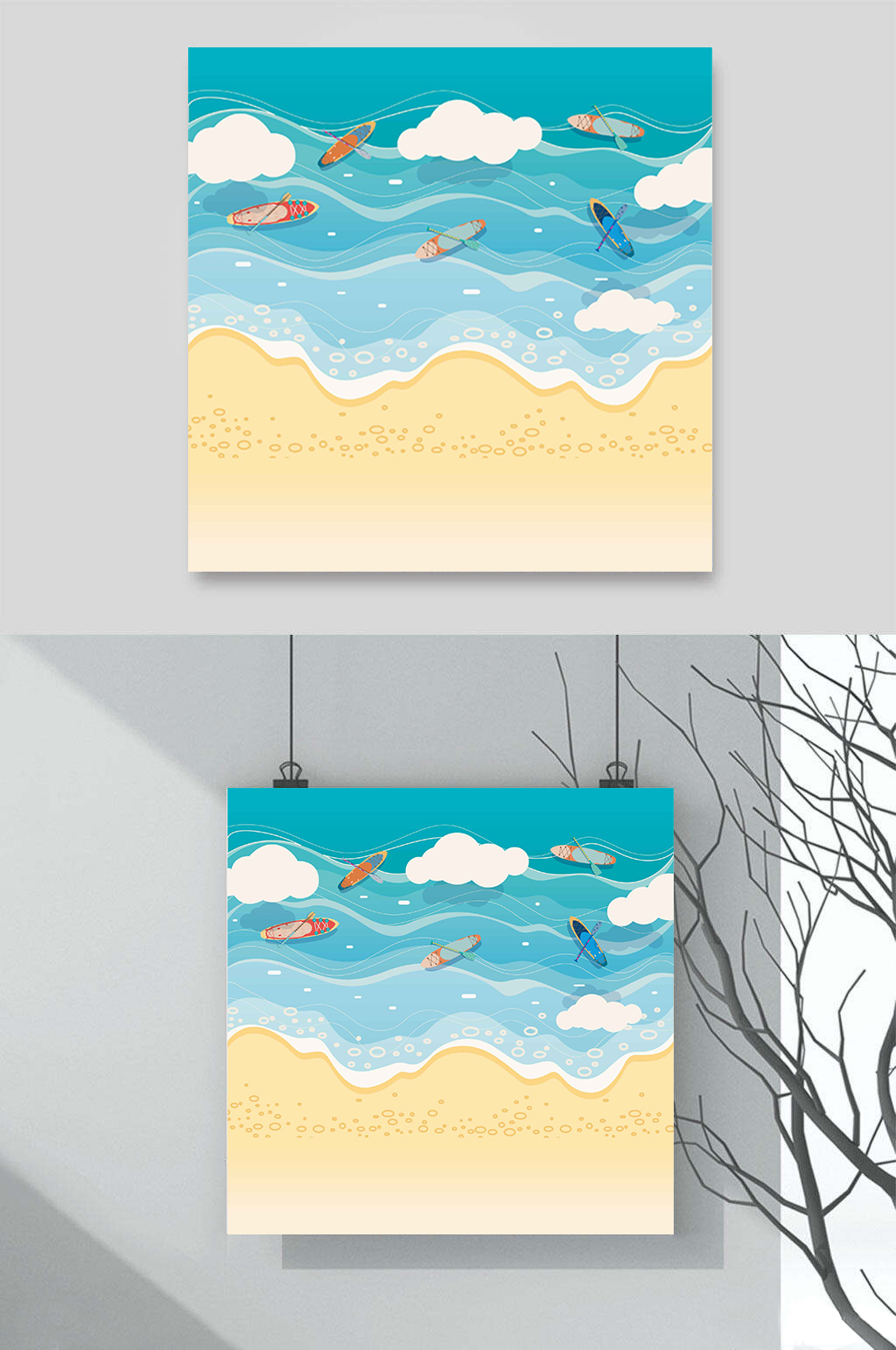 海边沙滩龙舟皮筏艇帆船浪花云朵素材