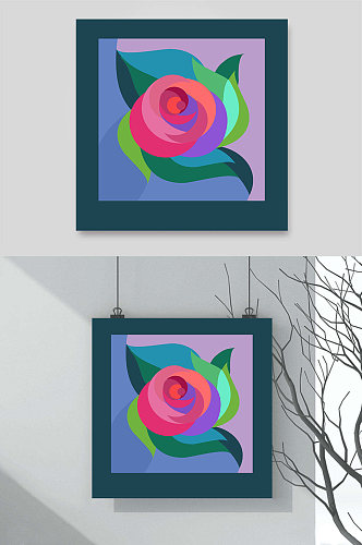 毕加索藏蓝粉绿撞色视觉设计玫瑰花抽象